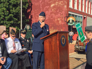 Steve Gentling gives his speech on Veterans Day in front of Honor Park.